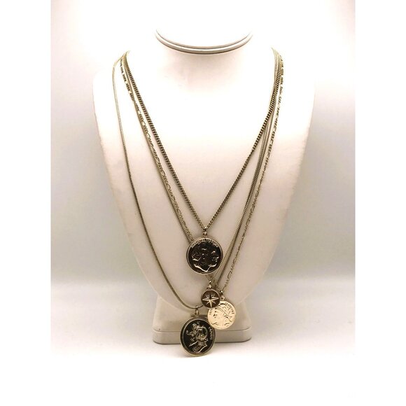 Roman Coin Layered Necklace NWOT Gold Tone Multi Strand Waterfall - Picture 3 of 7